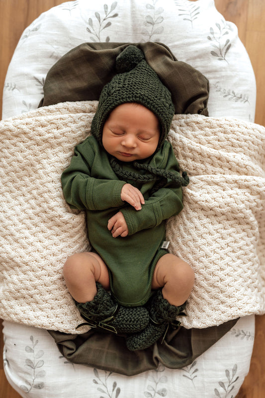 Olive Merino Wool Bonnet & Booties Set - Snuggle Hunny Kids